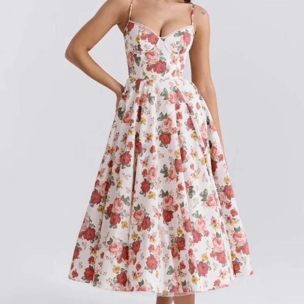 House of CB Floral Midi Dress - White and Red